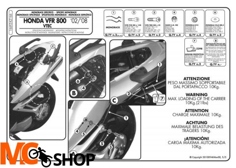 Stelaż centralny Givi 166FZ VFR 800 VTEC (02>11) Stelaż centralny Givi 166FZ VFR 800 VTEC (02>11)