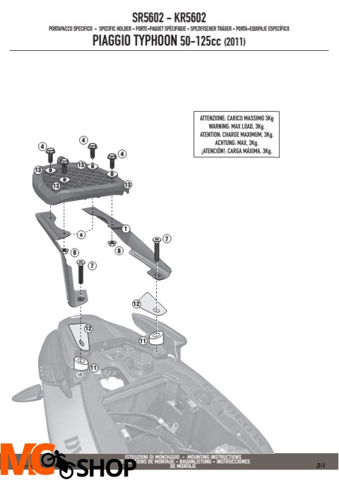 GIVI SR5602 STELAŻ KUFRA CENTRALNEGO PIAGGIO Typhoon 50-125 (11 > 15)