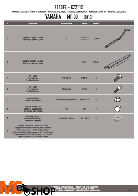 Stelaż centralny GIVI 2115FZ do MT-09, XSR900