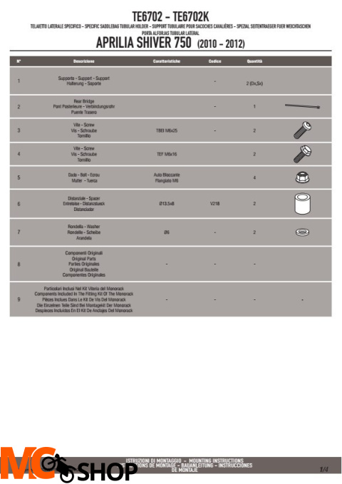 GIVI TE6702 STELAŻ SAKW BOCZNYCH 3D600 APRILIA SHIVER 750
