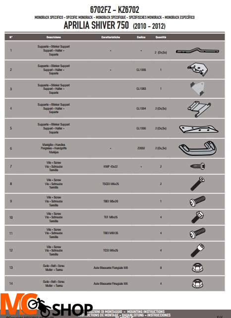 Givi 6702FZ stelaż Monorack Aprilla Shiver 750 Givi 6702FZ stelaż Monorack Aprilla Shiver 750
