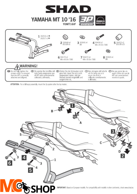SHAD Y0MT16IF STELAŻ KUFRA BOCZNEGO 3P DO YAMAHA MT 10