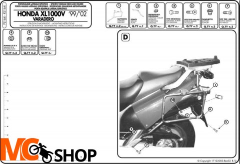 Stelaż boczny Givi PL164 Varadero XL1000V (99-02) Stelaż boczny Givi PL164 Varadero XL1000V (99-02)